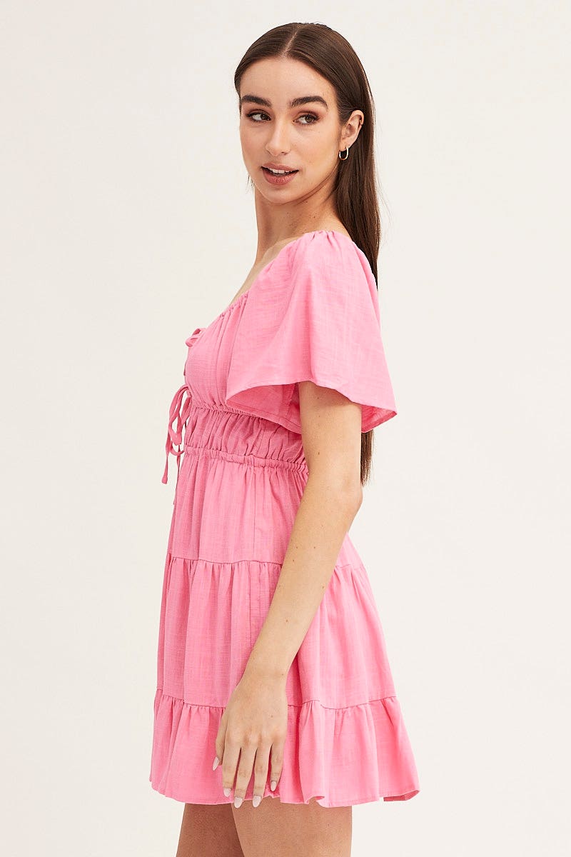 SKATER DRESS Pink Round Neck Short Sleeve Linen Blend Skater Dress for Women by Ally