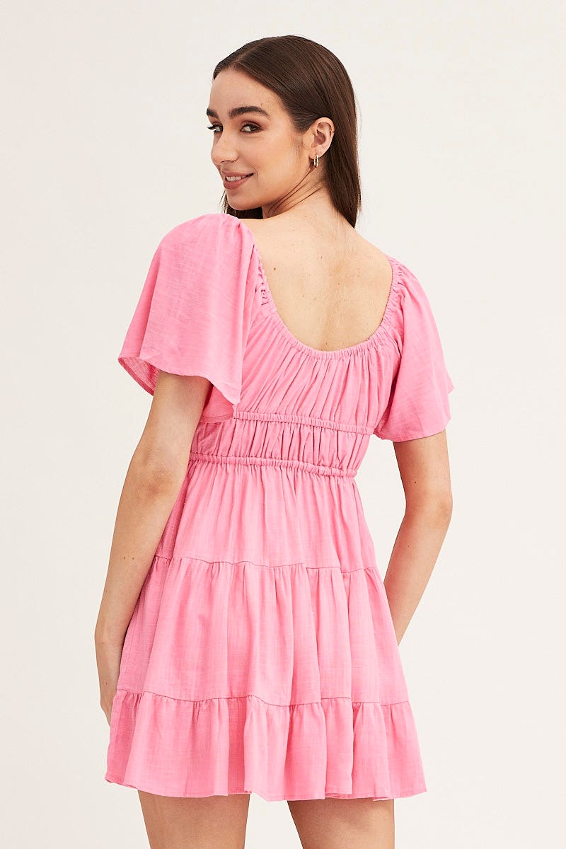 SKATER DRESS Pink Round Neck Short Sleeve Linen Blend Skater Dress for Women by Ally