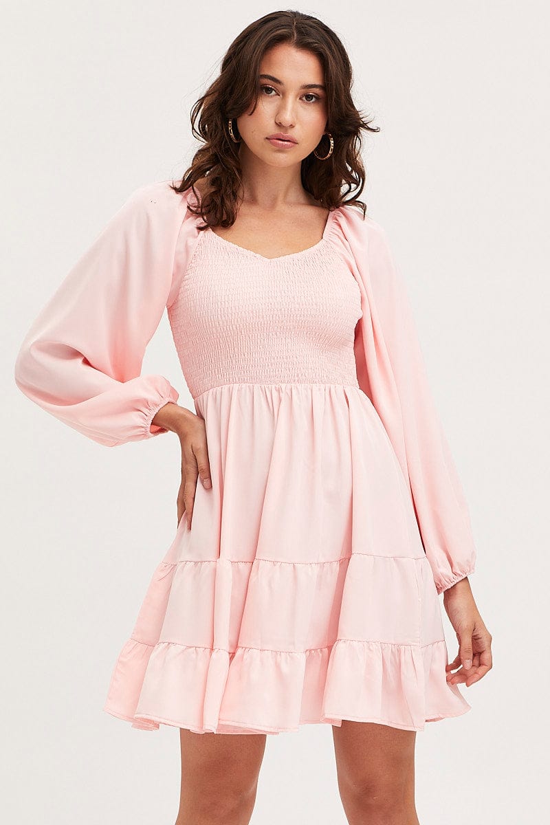 SKATER DRESS Pink Shirred Dress Long Sleeve Mini for Women by Ally