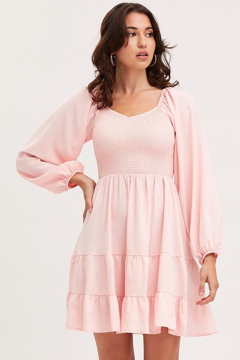 SKATER DRESS Pink Shirred Dress Long Sleeve Mini for Women by Ally