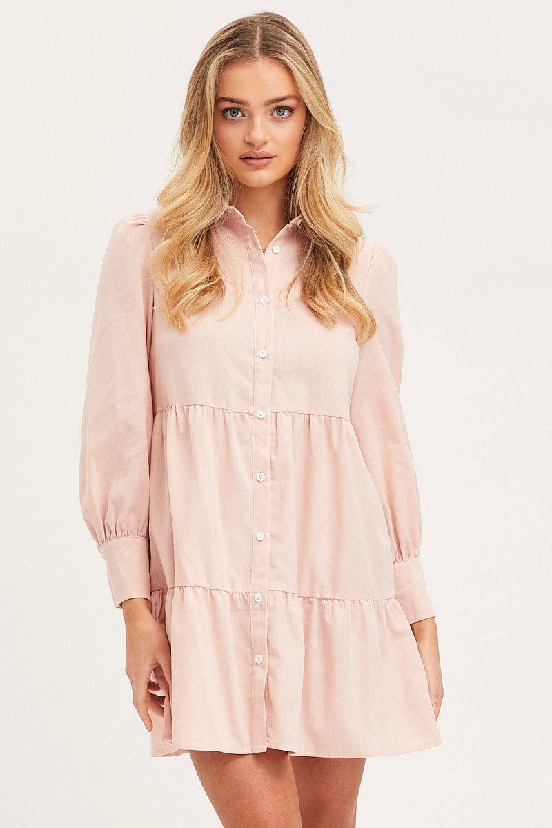 SKATER DRESS Pink Shirt Dress Long Sleeve Button Front for Women by Ally