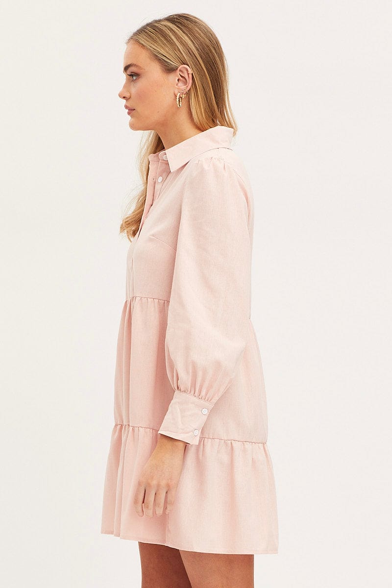 SKATER DRESS Pink Shirt Dress Long Sleeve Button Front for Women by Ally