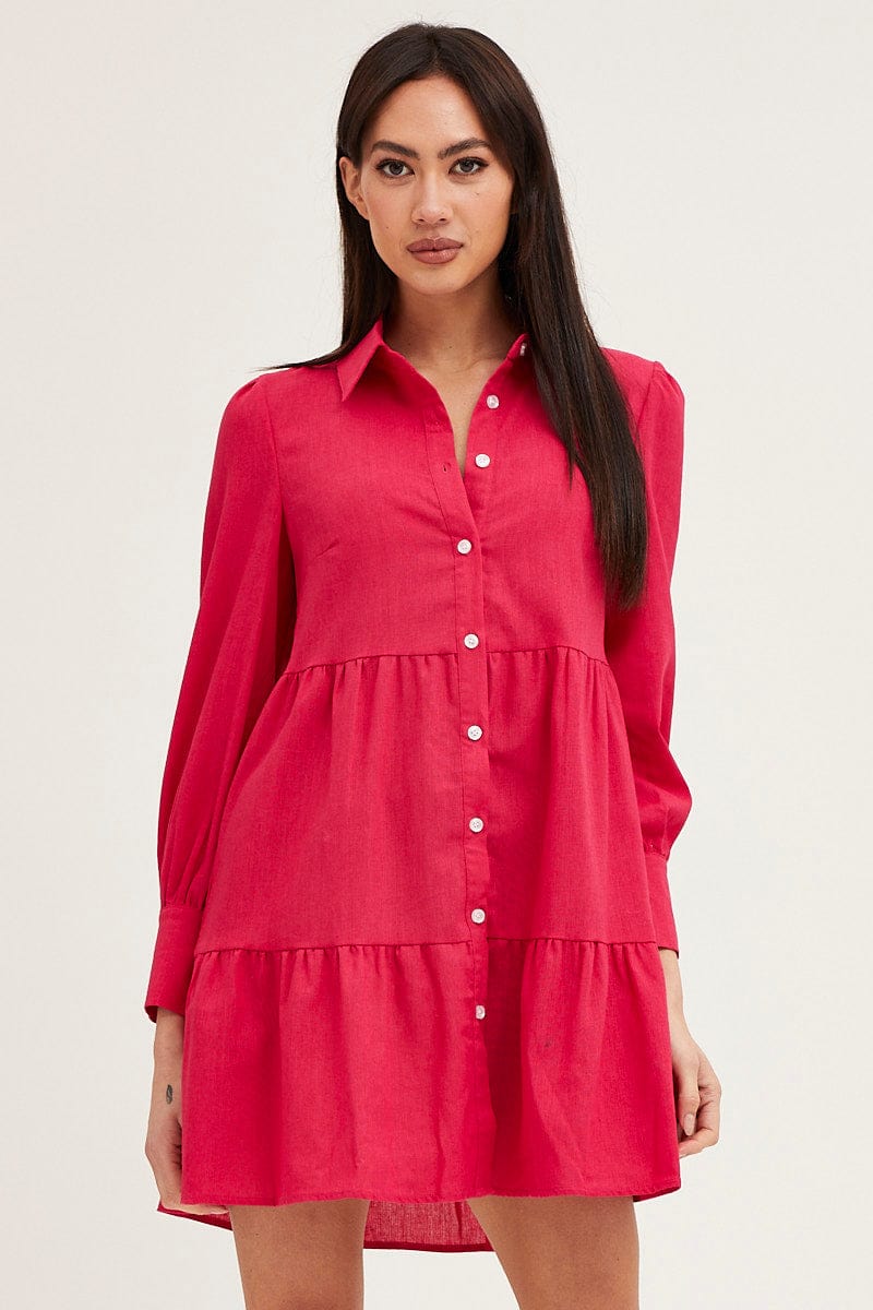 SKATER DRESS Pink Shirt Dress Long Sleeve Button Front for Women by Ally