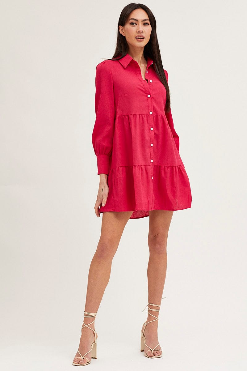 SKATER DRESS Pink Shirt Dress Long Sleeve Button Front for Women by Ally