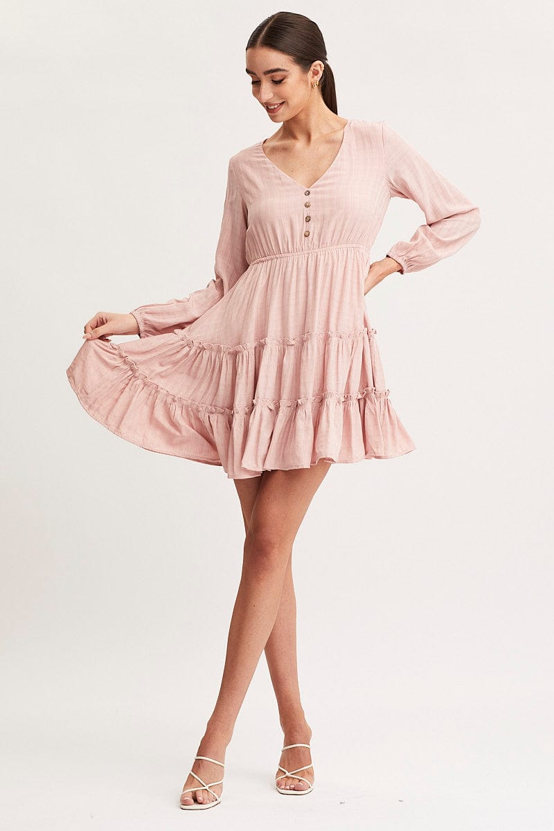 SKATER DRESS Pink Skater Dress Long Sleeve Mini for Women by Ally