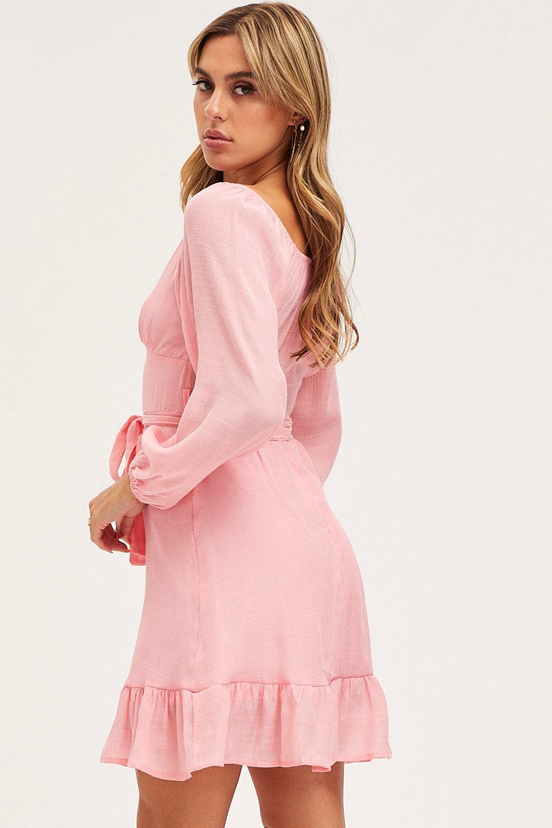 Women's Pink Skater Dress Long Sleeve Mini Ruffle | Ally Fashion Women's Pink Skater Dress Long Sleeve Mini Ruffle | Ally Fashion