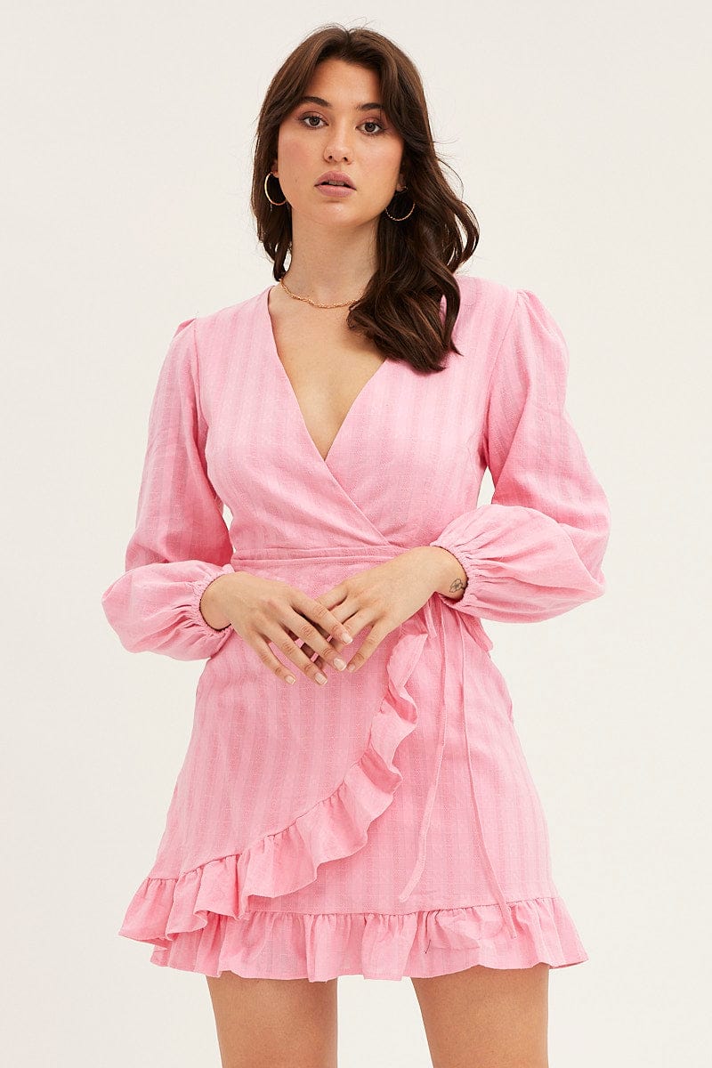SKATER DRESS Pink Tie Waist Wrap Dress for Women by Ally