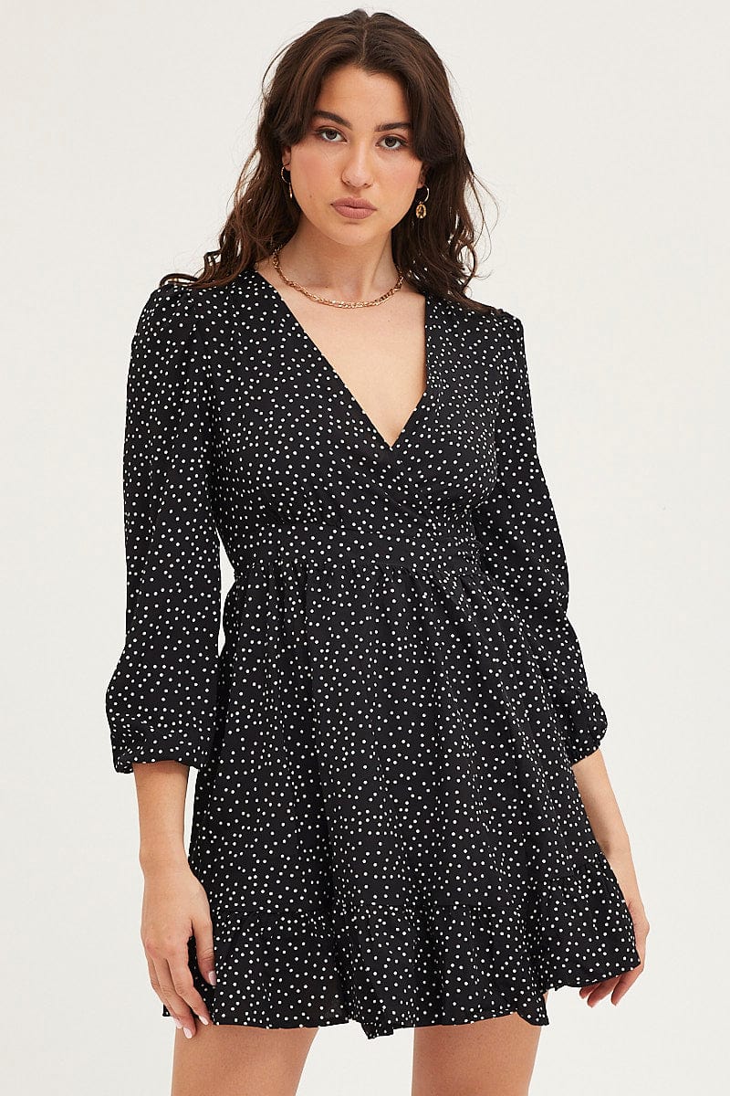black dress polka dot sleeves Black Polka Dot Puff Sleeve Mini Dress