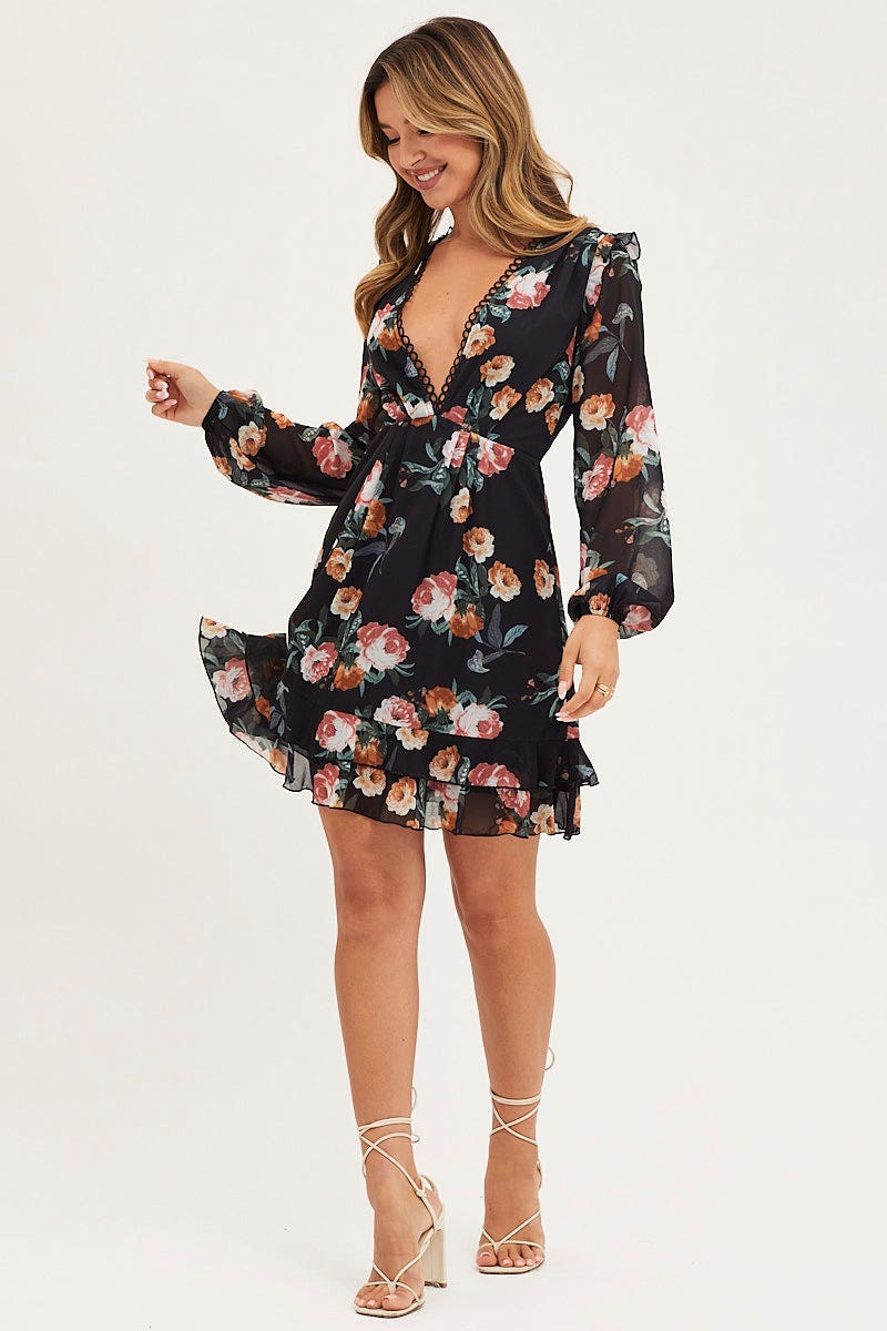 SKATER DRESS Print Dress Long Sleeve Mini for Women by Ally