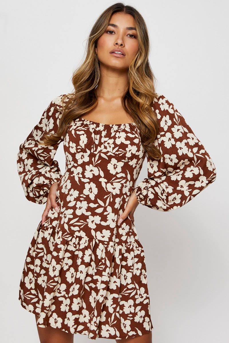 SKATER DRESS Print Fit And Flare Dress Long Sleeve Scoop Neck for Women by Ally