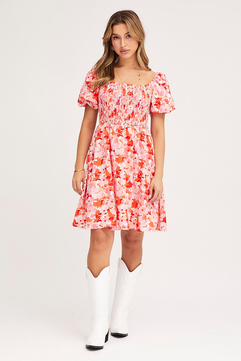 SKATER DRESS Print Fit And Flare Dress Short Sleeve Square Neck for Women by Ally