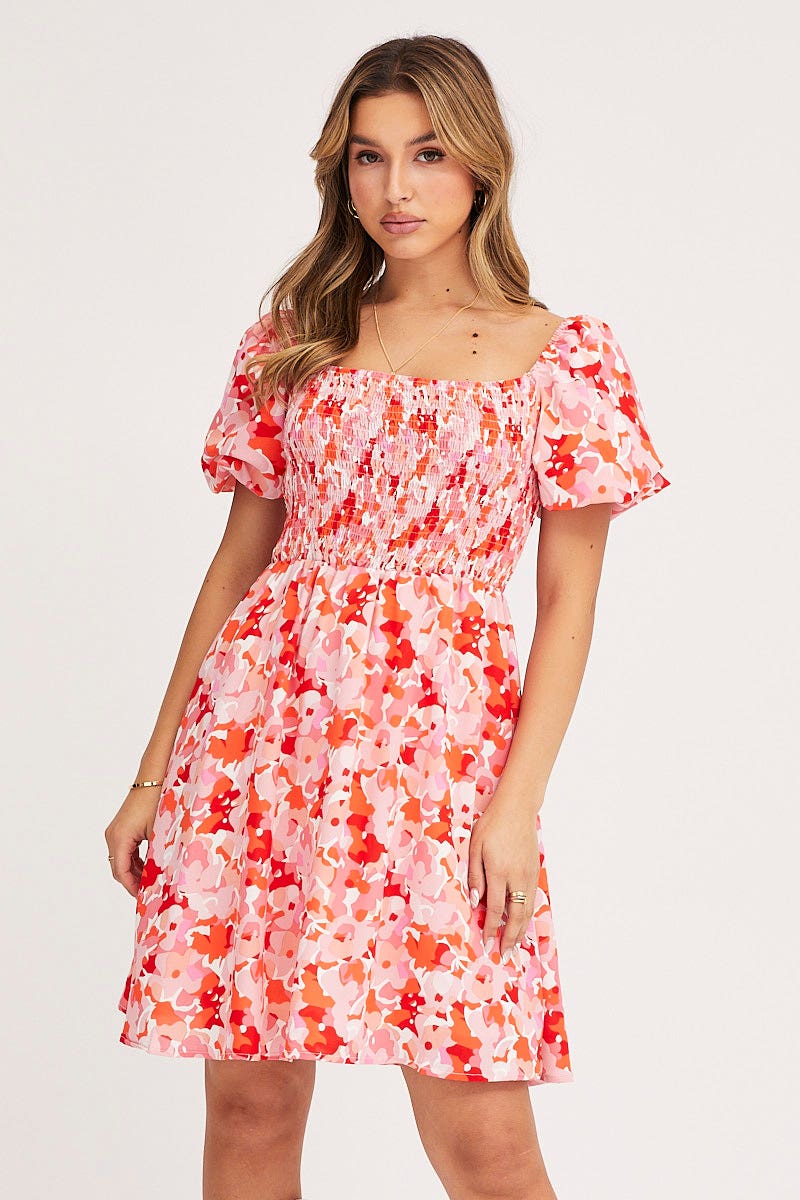 SKATER DRESS Print Fit And Flare Dress Short Sleeve Square Neck for Women by Ally