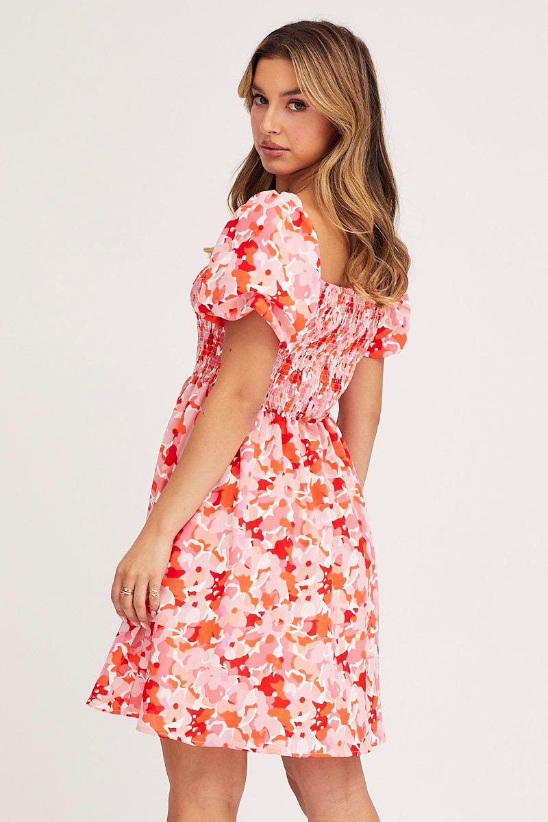 SKATER DRESS Print Fit And Flare Dress Short Sleeve Square Neck for Women by Ally