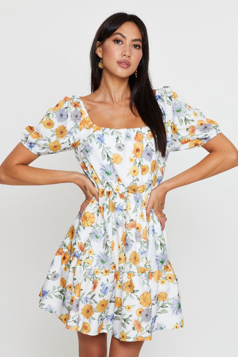 SKATER DRESS Print Fit And Flare Dress Short Sleeve Square Neck for Women by Ally