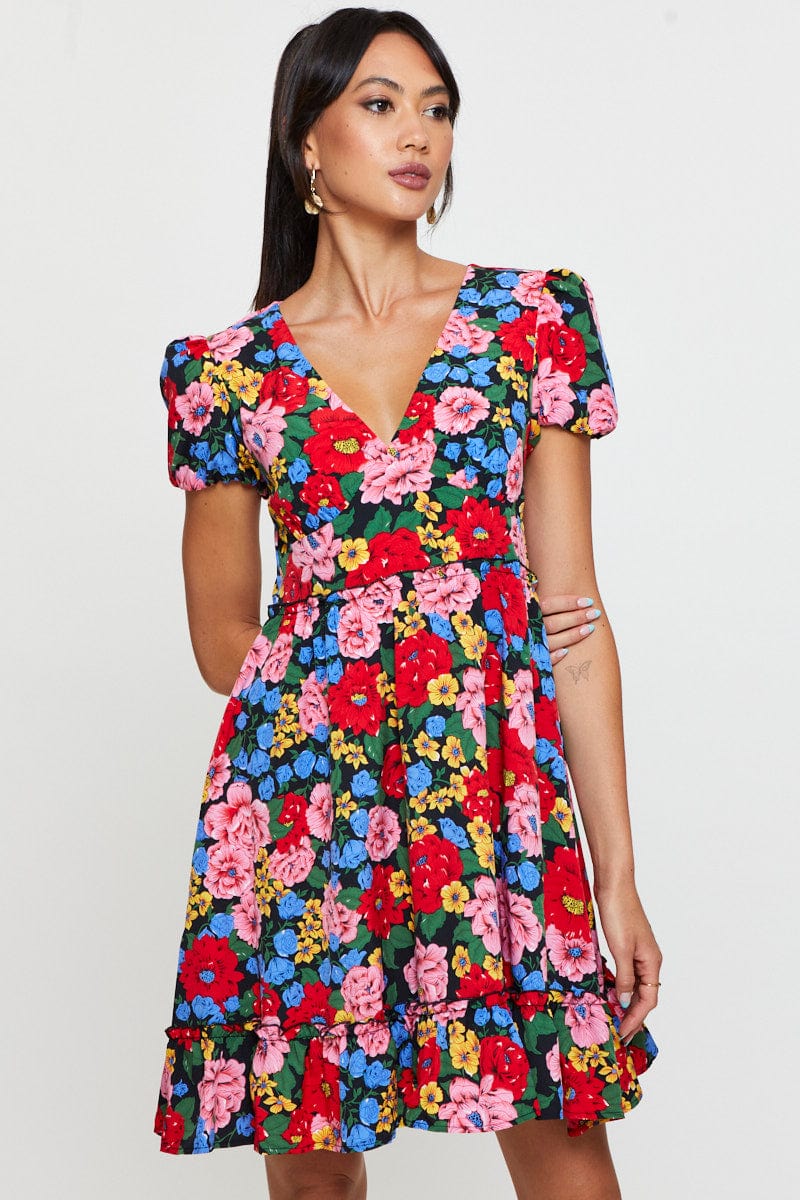 SKATER DRESS Print Fit And Flare Dress Short Sleeve V Neck for Women by Ally