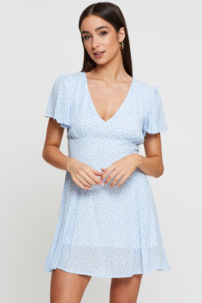 SKATER DRESS Print Fit And Flare Dress Short Sleeve V Neck for Women by Ally