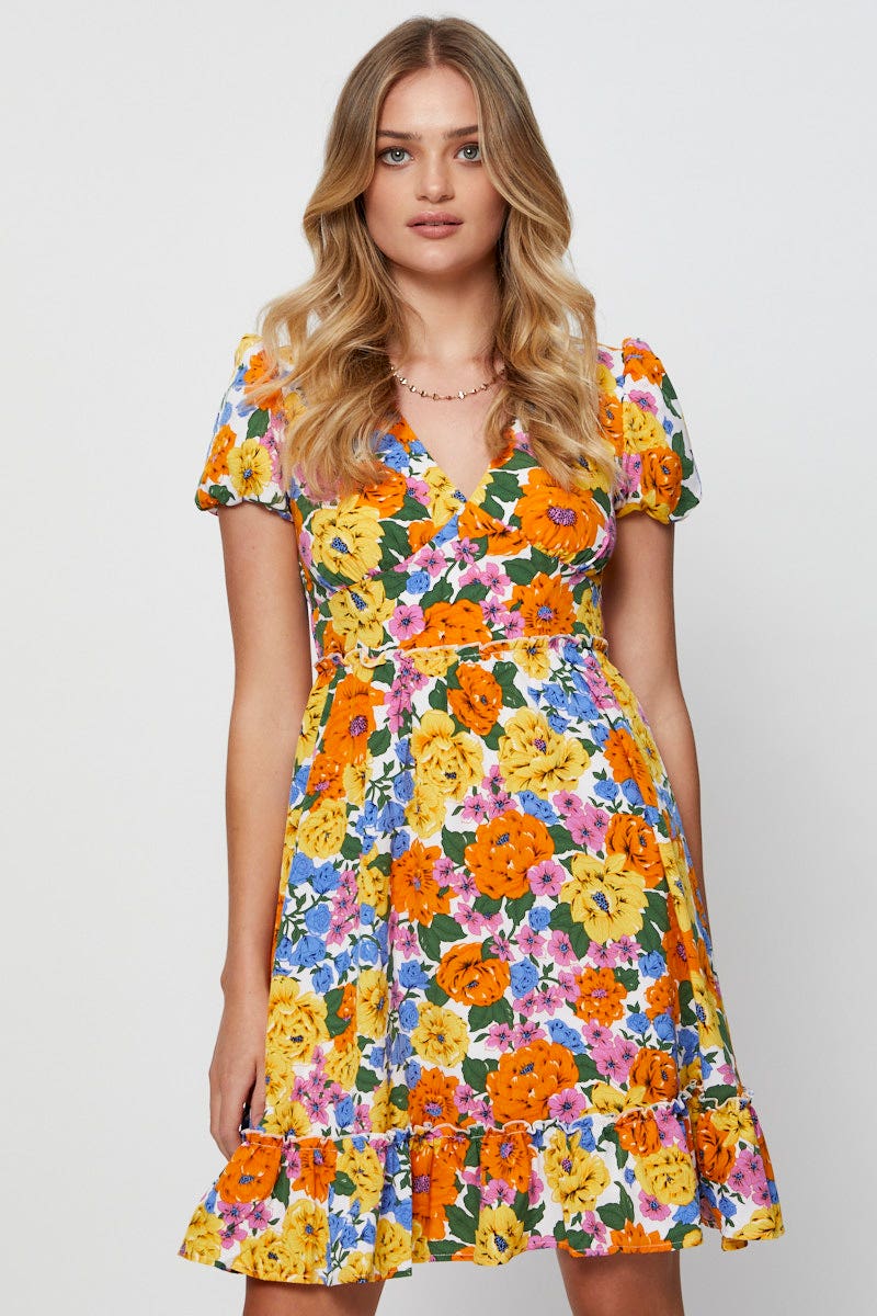 SKATER DRESS Print Fit And Flare Dress Short Sleeve V Neck for Women by Ally