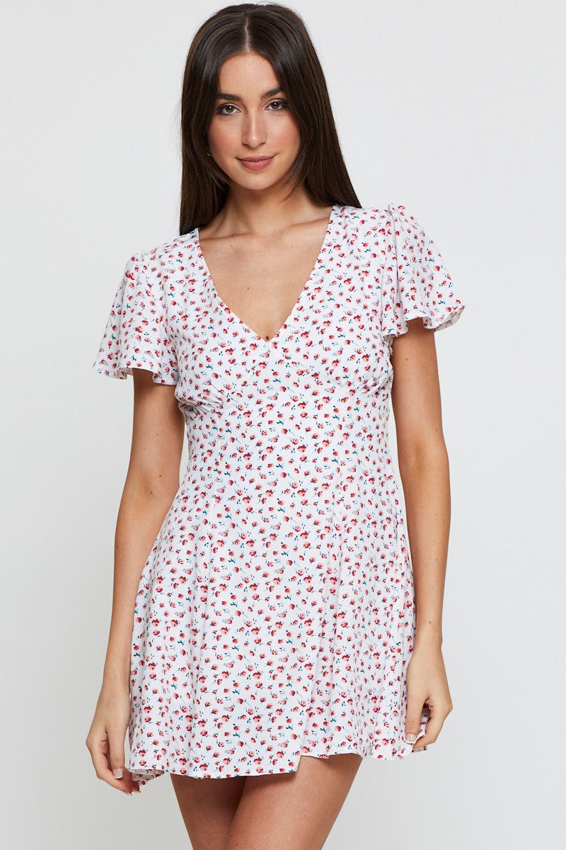 SKATER DRESS Print Fit And Flare Dress Short Sleeve V Neck for Women by Ally