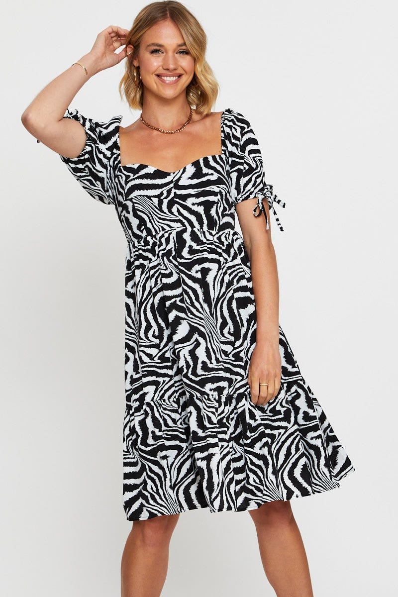 SKATER DRESS Print Midi Dress Short Sleeve for Women by Ally