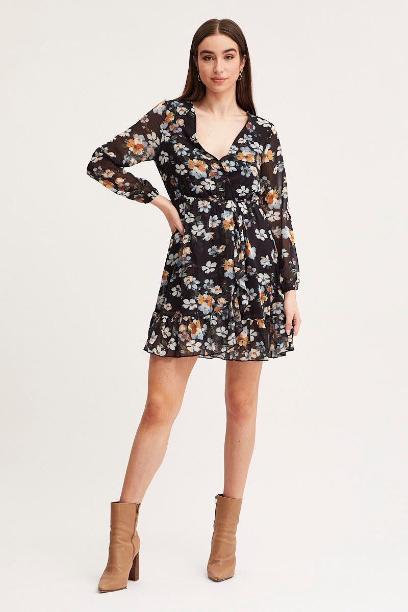 SKATER DRESS Print Mini Dress Long Sleeve V Neck for Women by Ally