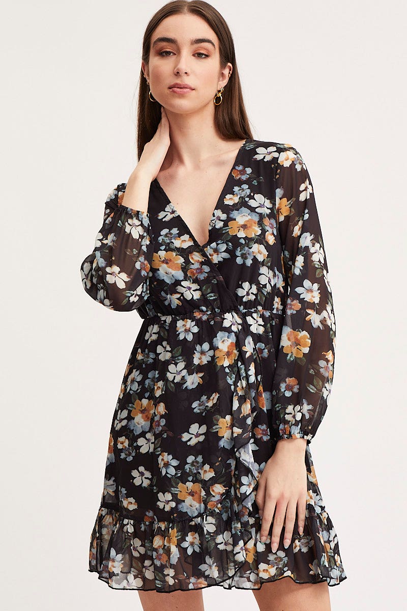 SKATER DRESS Print Mini Dress Long Sleeve V Neck for Women by Ally