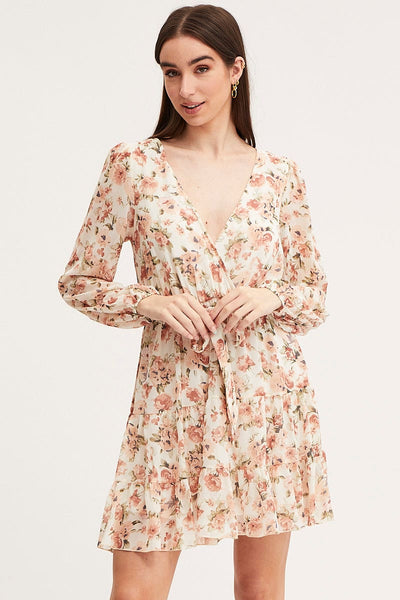 v neck print stitching wooden ear long sleeve mini dress Women's Print Mini Dress Long Sleeve V Neck