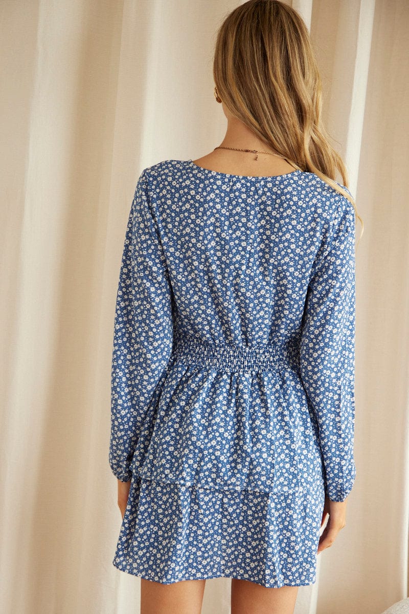 Print Mini Dress Long Sleeve V Neck