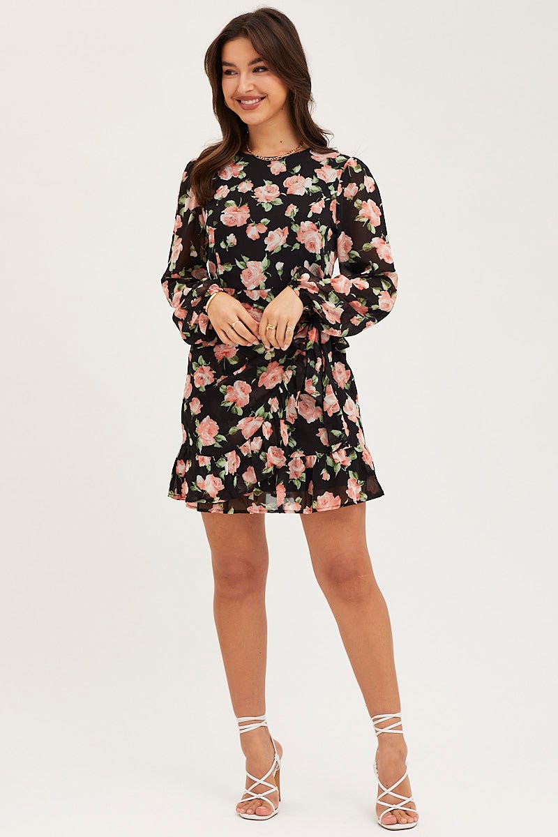 SKATER DRESS Print Wrap Dress Long Sleeve Mini Ruffle for Women by Ally