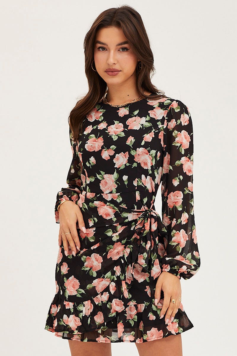 Women’s Print Wrap Dress Long Sleeve Mini Ruffle | Ally Fashion