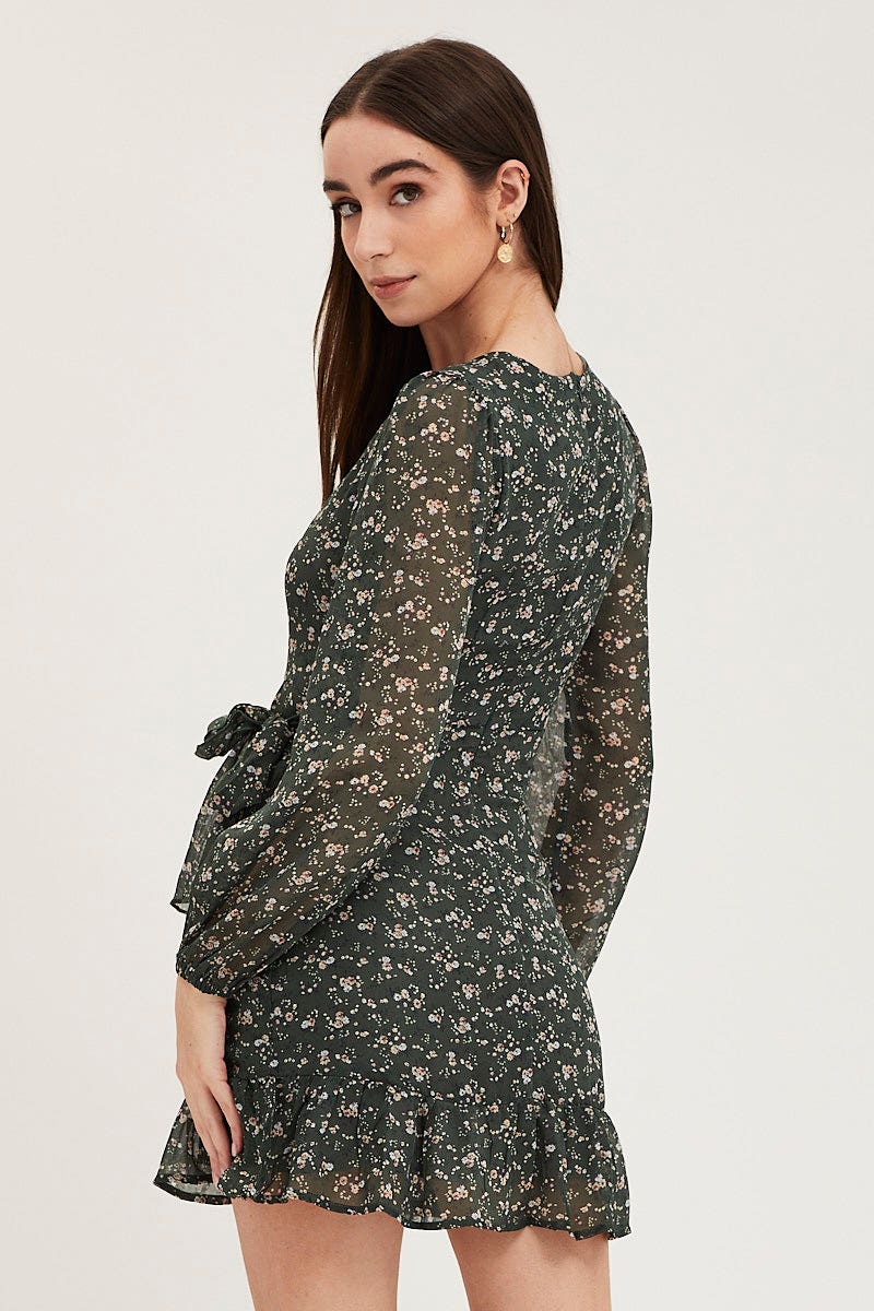 SKATER DRESS Print Wrap Dress Long Sleeve Mini Ruffle for Women by Ally