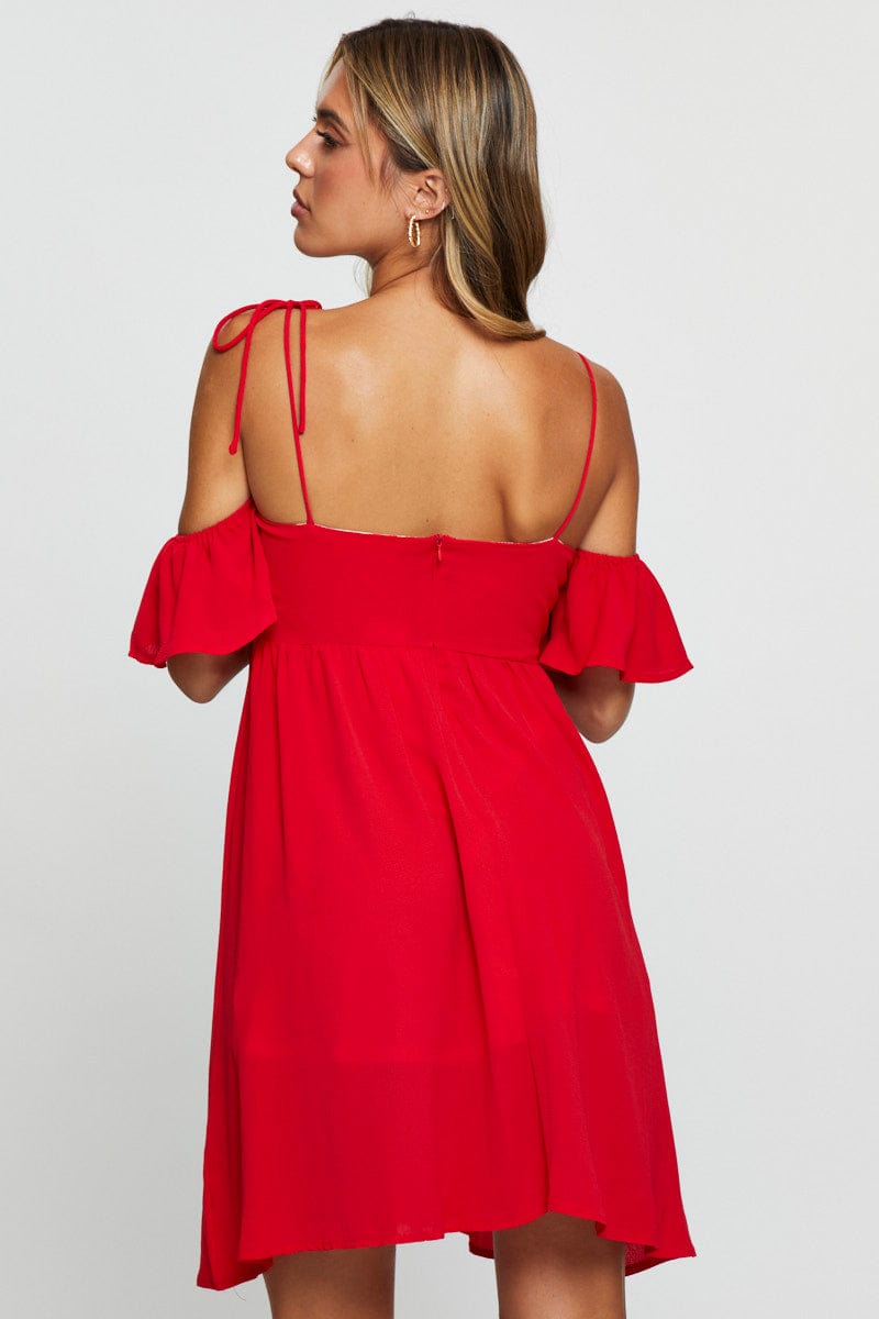 SKATER DRESS Red Mini Dress Off Shoulder Round Neck for Women by Ally
