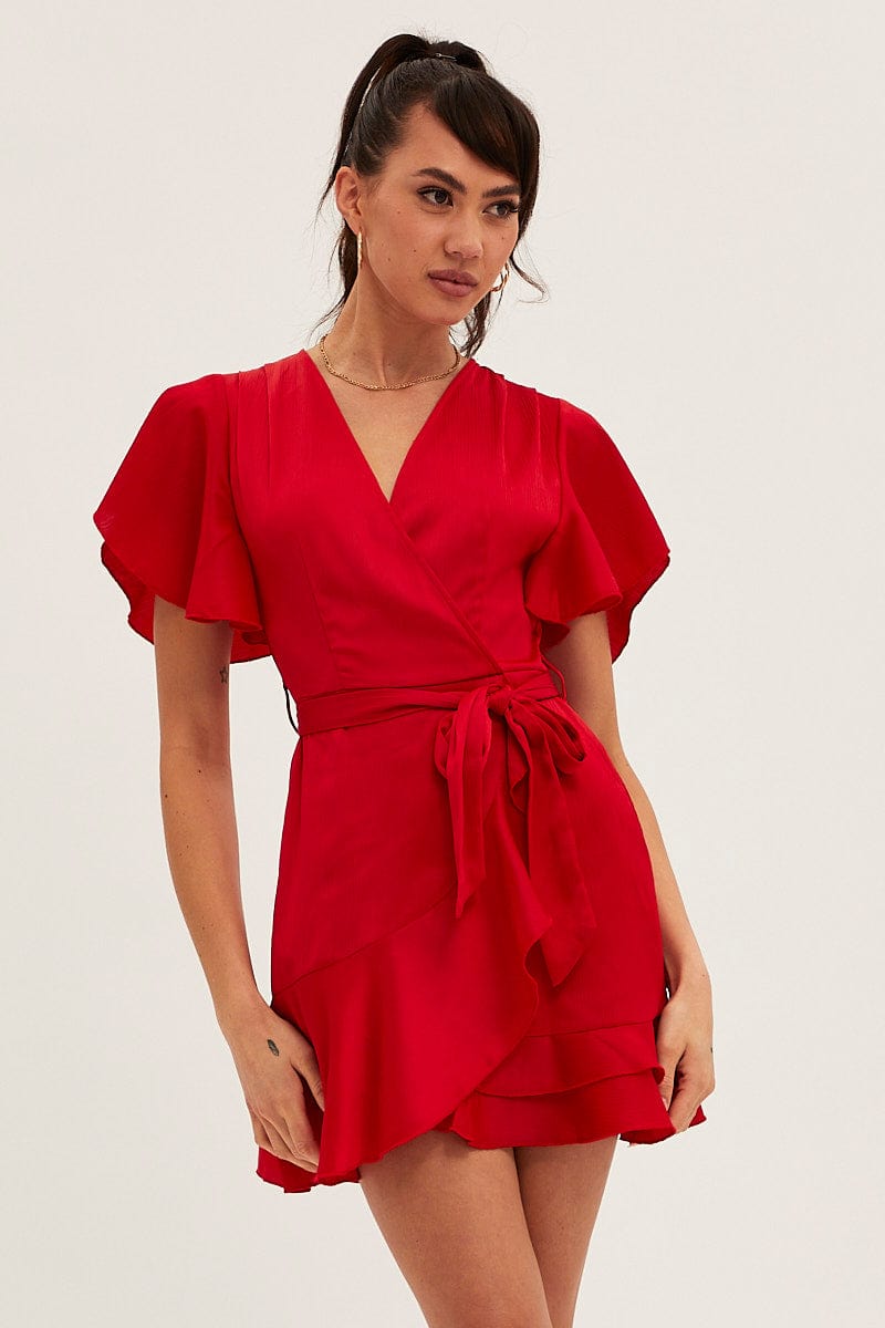 SKATER DRESS Red Wrap Dress Evening Satin for Women by Ally