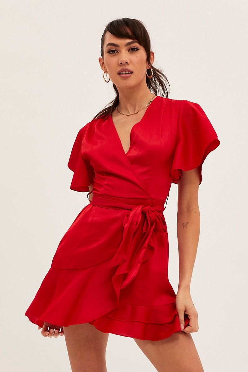 SKATER DRESS Red Wrap Dress Evening Satin for Women by Ally
