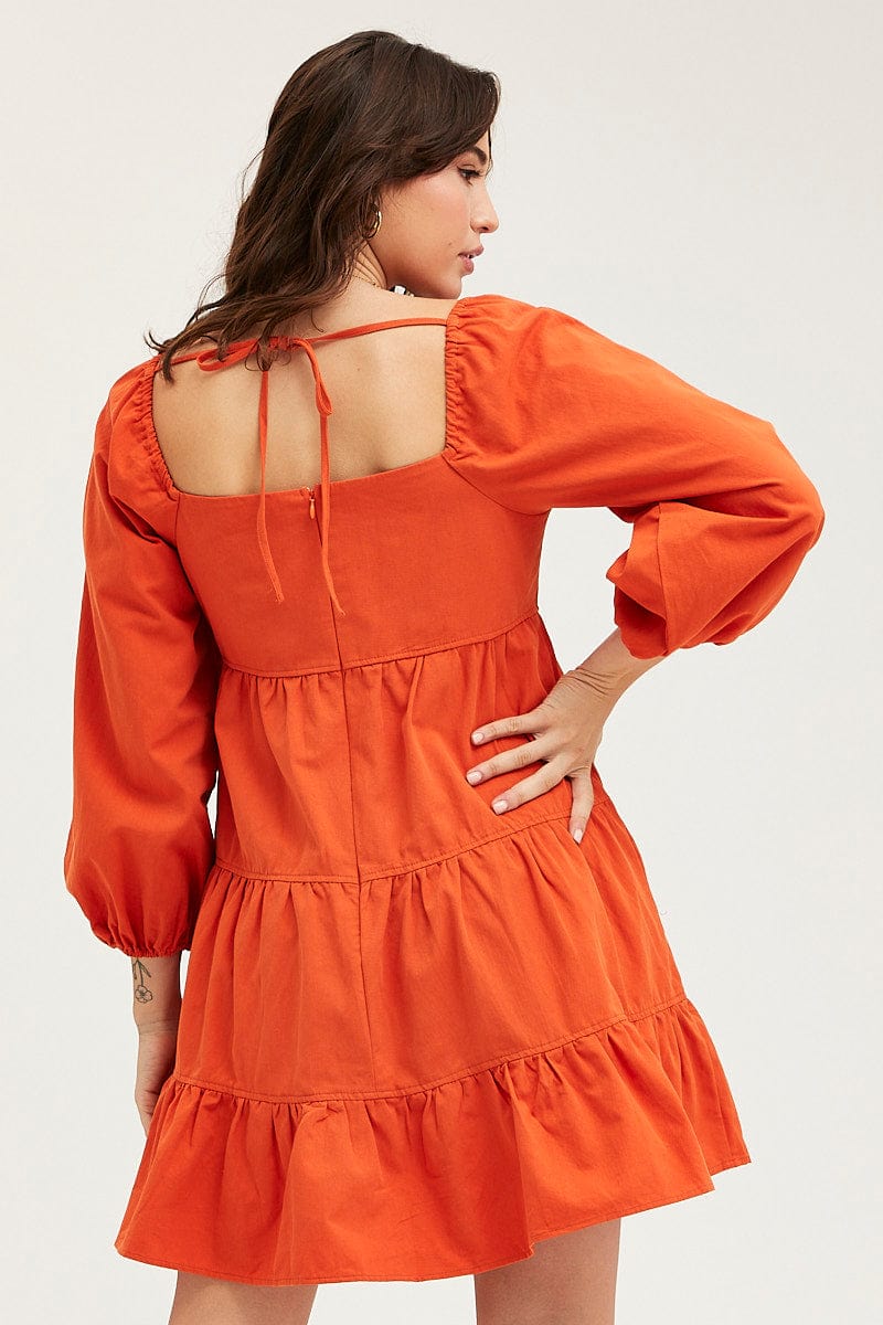 SKATER DRESS Rust Tiered Dress Long Sleeve Mini for Women by Ally