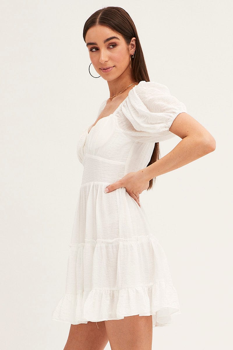 SKATER DRESS White Fit And Flare Dress Puff Sleeve Sweetheart Neck for Women by Ally