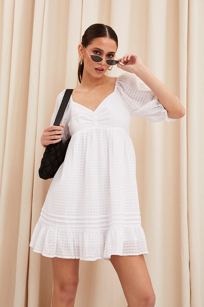SKATER DRESS White Fit And Flare Dress Short Sleeve Sweetheart Neck for Women by Ally