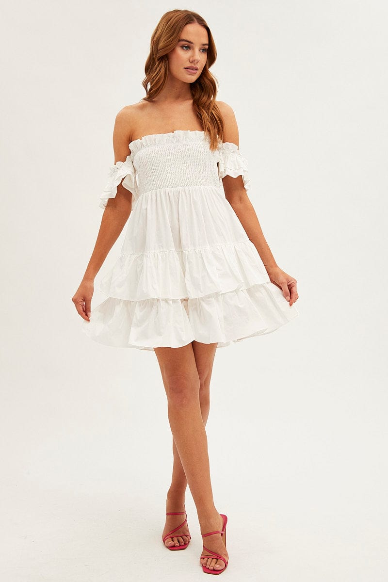 White Off Shoulder Dress Tiered Ruched Bodice