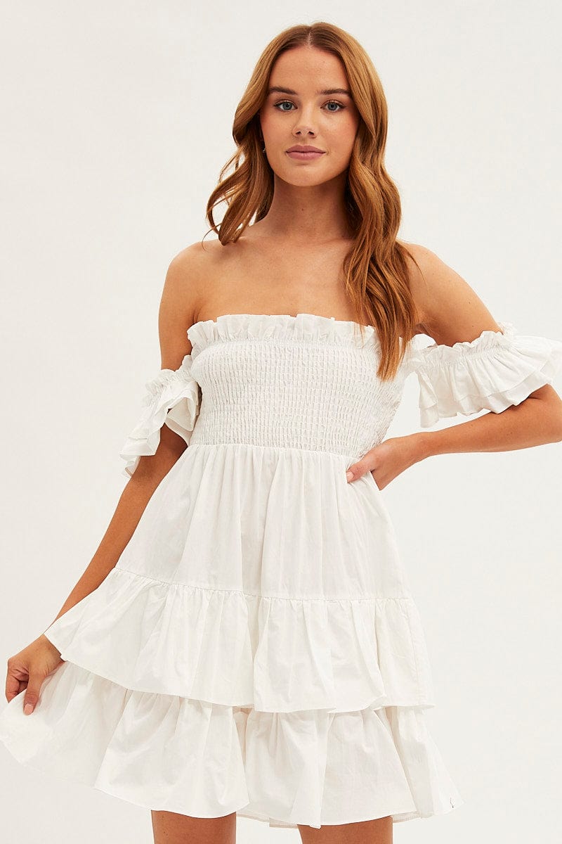 White Off Shoulder Dress Tiered Ruched Bodice
