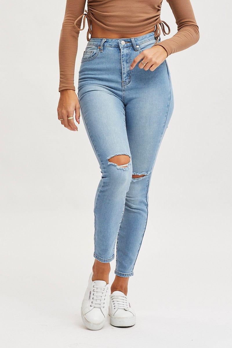 SKINNY JEAN Blue High Rise Knee Slash Skinny Denim Jean for Women by Ally