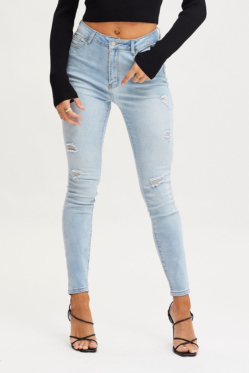 SKINNY JEAN Pale Blue Skinny Denim Jeans Mid Rise for Women by Ally