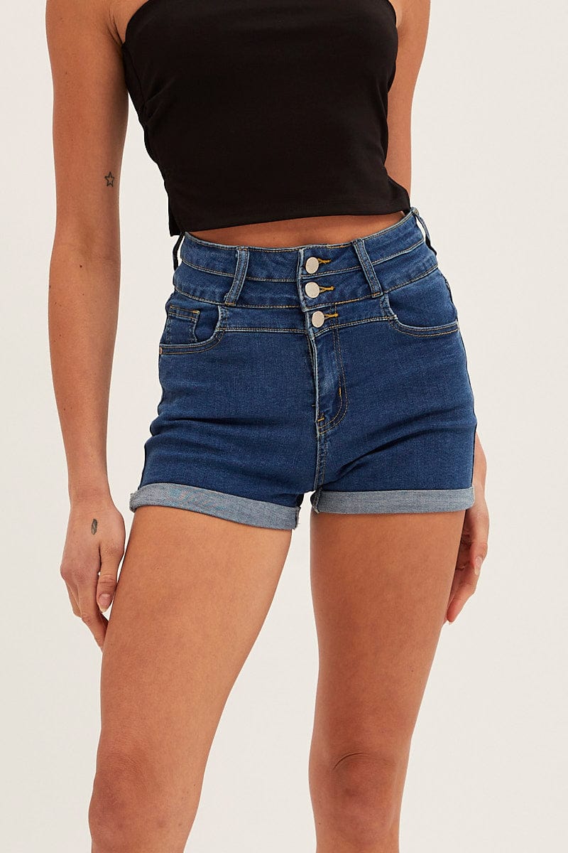 Blue High Waist Button Stretch Denim Shorts Ally Fashion