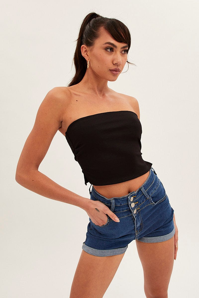 Blue High Waist Button Stretch Denim Shorts Ally Fashion