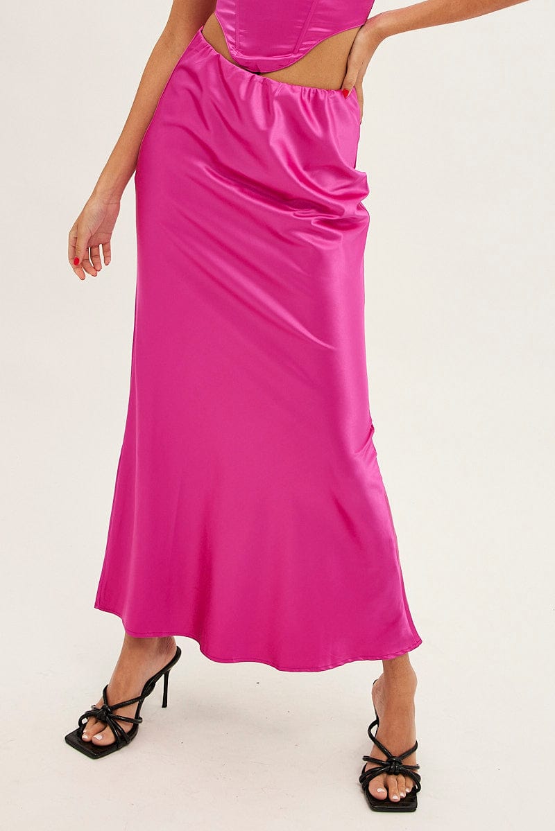 Pink Maxi Skirt Low Rise Elastic Waist Satin for Ally Fashion