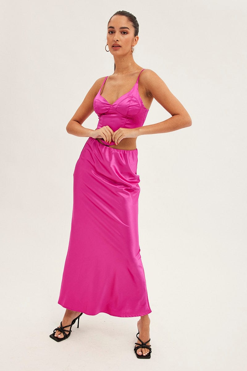 Pink Maxi Skirt Low Rise Elastic Waist Satin for Ally Fashion