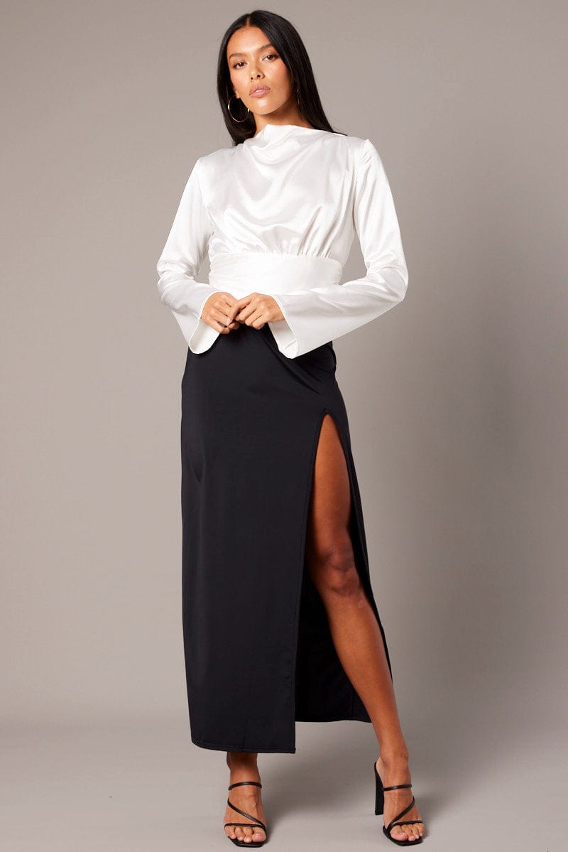 Black Maxi Skirt Mid Rise Split Nylon for Ally Fashion