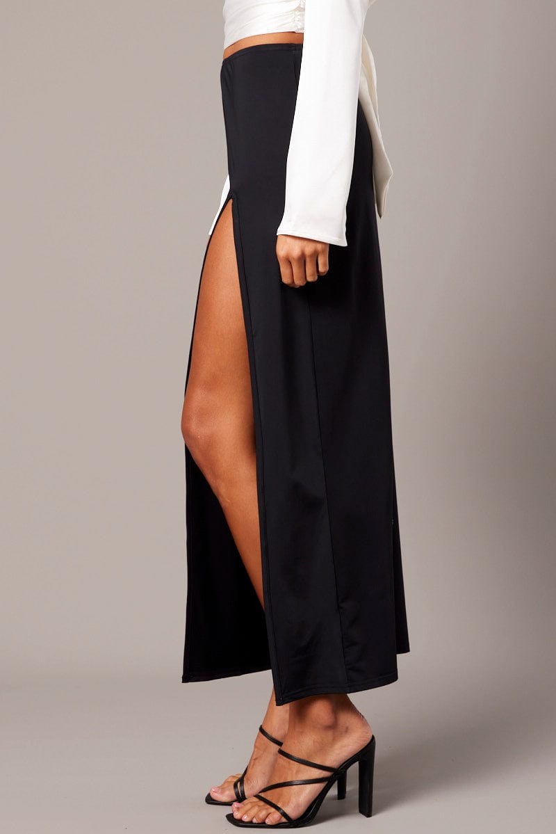 Black Maxi Skirt Mid Rise Split Nylon for Ally Fashion