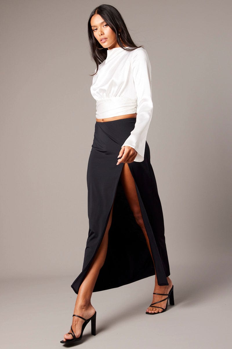 Basic Solid Black High Waisted Split Maxi Skirt