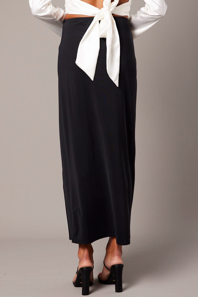 Black Maxi Skirt Mid Rise Split Nylon for Ally Fashion