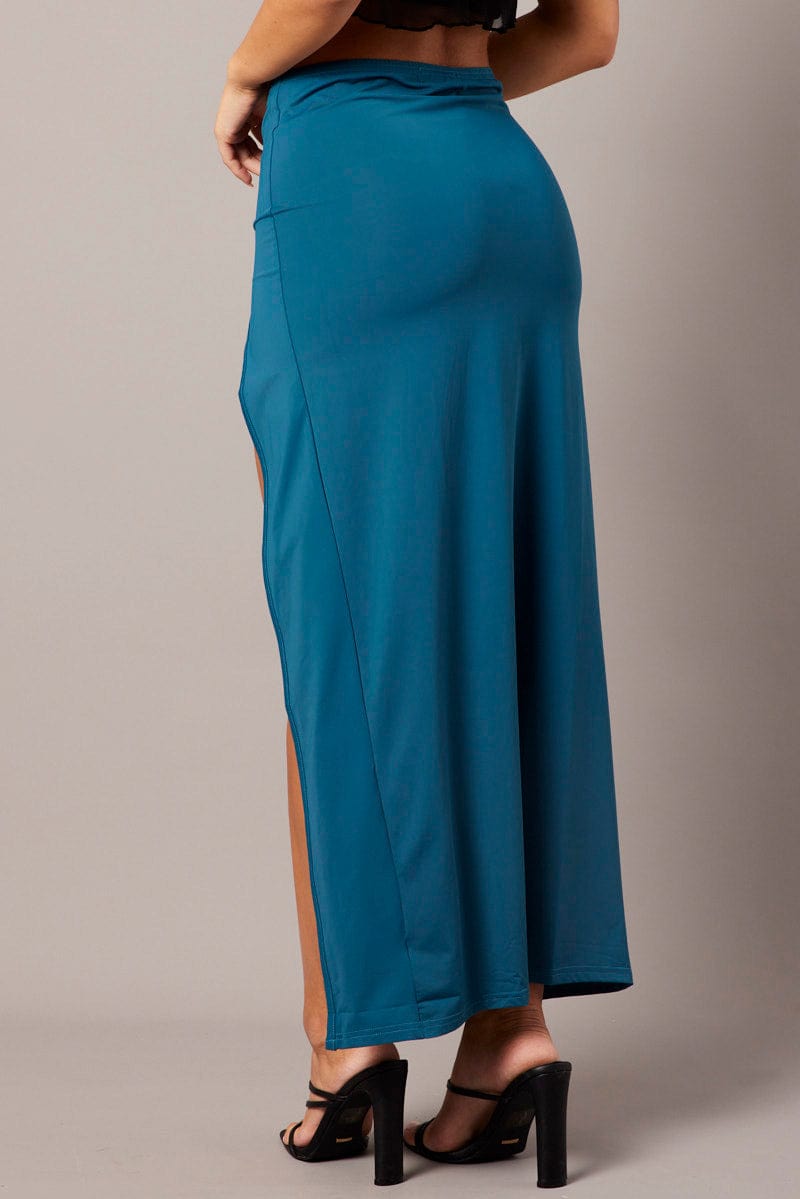 Blue Maxi Skirt Mid Rise Split Nylon for Ally Fashion