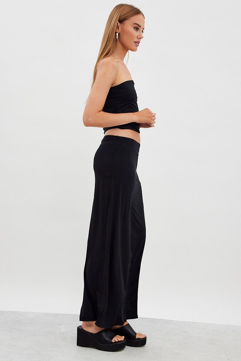 Black Maxi Skirt Mid Rise Split Nylon for Ally Fashion